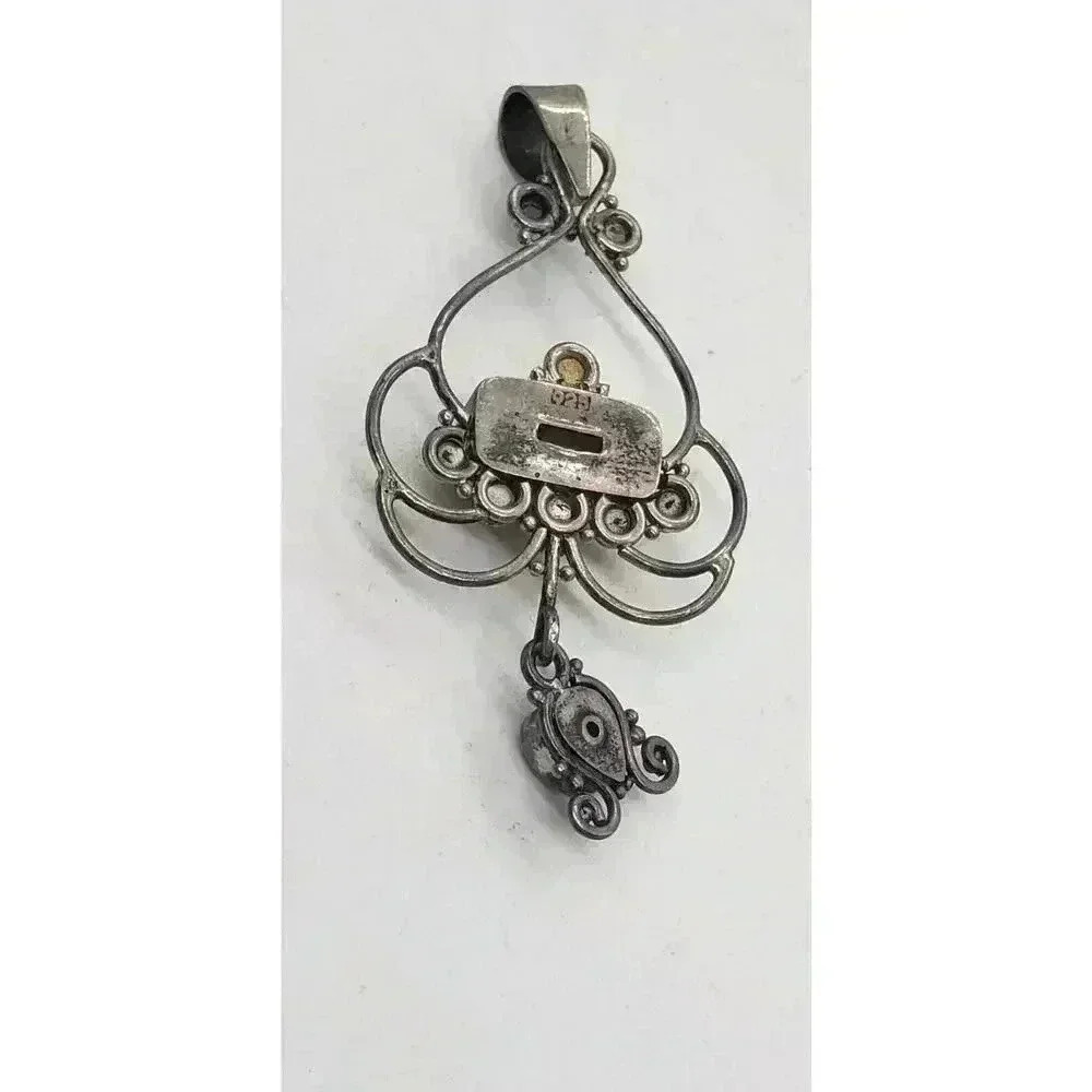 Vintage Pendant 925 Sterling Silver Genuine Pearl & Topaz Large Fancy - Picture 7 of 9